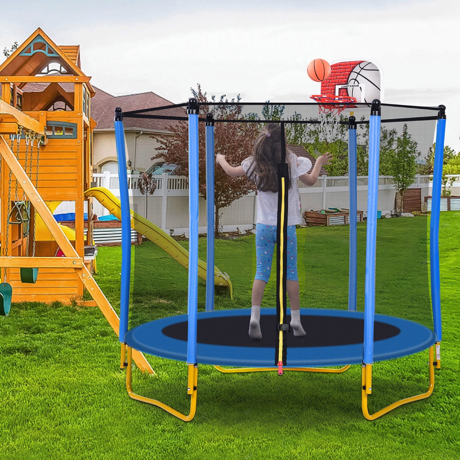 Kadyn 5.5FT Children Trampoline, Metal Mini Small Trampolines with Enclosure, Basketball Hoop and Ball Included, Indoor Outdoor Mini Trampoline for Kids, Blue Kadyn 5.5FT Children Trampoline, Metal Mini Small Trampolines with Enclosure, Basketball Hoop and Ball Included, Indoor Outdoor Mini Trampoline for Kids, Blue