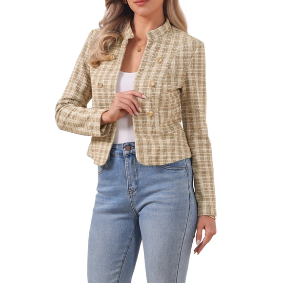 INSPIRE CHIC Women's Tweed Blazer Stand Collar Cropped Open Front Jacket S Khaki