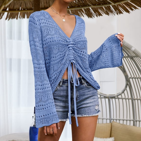 Women's Crochet Beach Cover Up Long Sleeve V Neck Swim Shirt Sheer Knit Bathing Suit Cover Up for Summer Beach Pool Swimwear