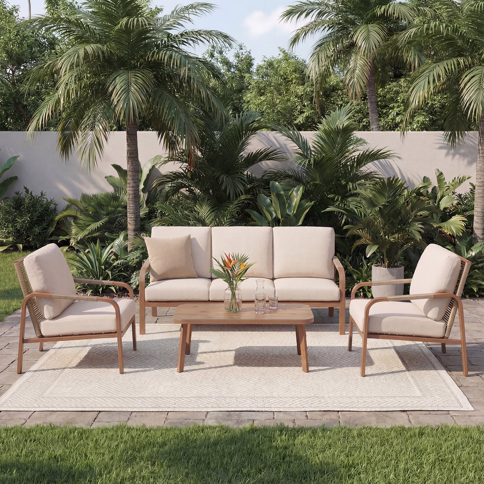 CozyJoy Aluminum 4-Piece Patio Sofa Set, Beige