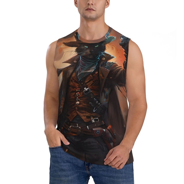 Balery Steampunk Cowboy Cat Camisetas sin mangas para hombre, absorbe la humedad y protege contra el mal olor.-Small