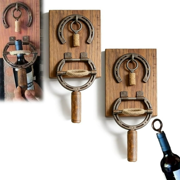 Wall Mounted Horseshoe Bottle Opener Wine Opener Decor & Corkscrew, Vintage Industrial Decor Wine Bottle Opener & Unique Gift for Kitchen Bar Wall Decor Wine Lovers