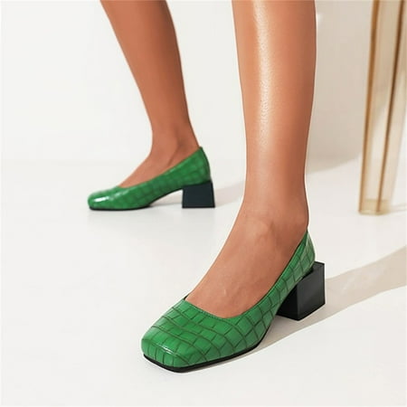 

Cathalem Ladies Fashion Stone Pattern Color Blocking Leather Square Head Low Top Thick High Heeled Shoes Close Toed Heels Green 7.5