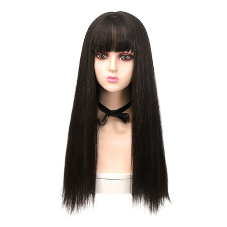 XIAQUJ Air Bangs Long Straight Hair Wig Headgear Black Whole Wig Human Hair Is Natural and Realistic 75cm/29.5in Wigs for Women Black