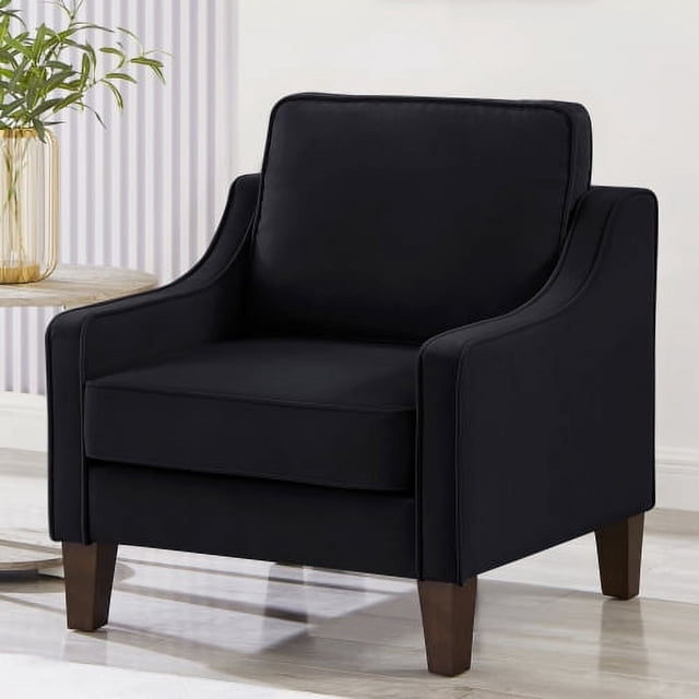 Sofa moderno de butaca, silla de una sola asiento para sala de estar con patas de madera, silla acolchada con veludo decorativo para sala de estar y dormitorio, negro