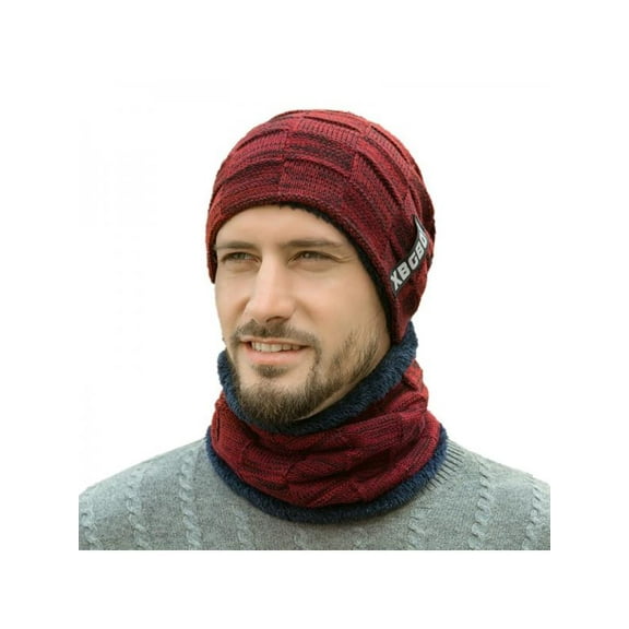 Men Beanie Hat & Scarf Set Neck Cover Winter Warm Fleece Knitted Thick Ski Cap
