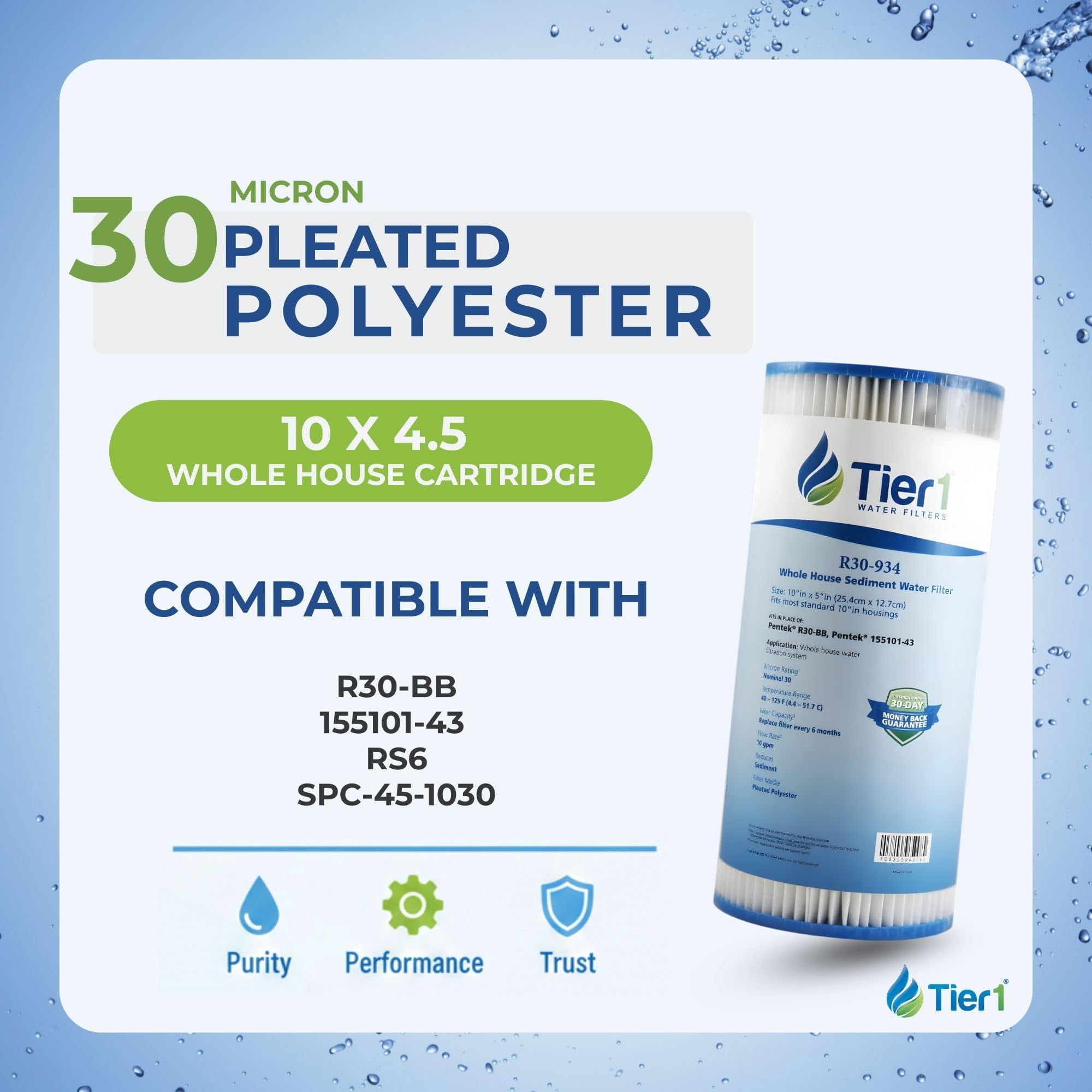 Tier1 30 Micron 10 x 4.5 Water Filter | Pleated Polyester Whole House Sediment Cartridge | Replacement for Pentek R30-BB Water Filter, 155101-43, RS6, SPC-45-1030 | 4.5x10 High Flow Pre-Filter (2pk)