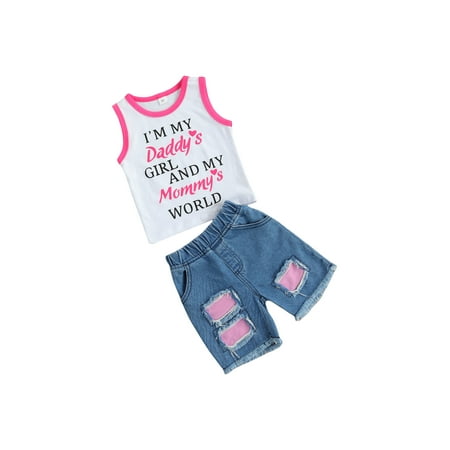 

One opening Kids Suit Set Letter Print Round Neck Sleeveless Tops+ Ripped Jeans