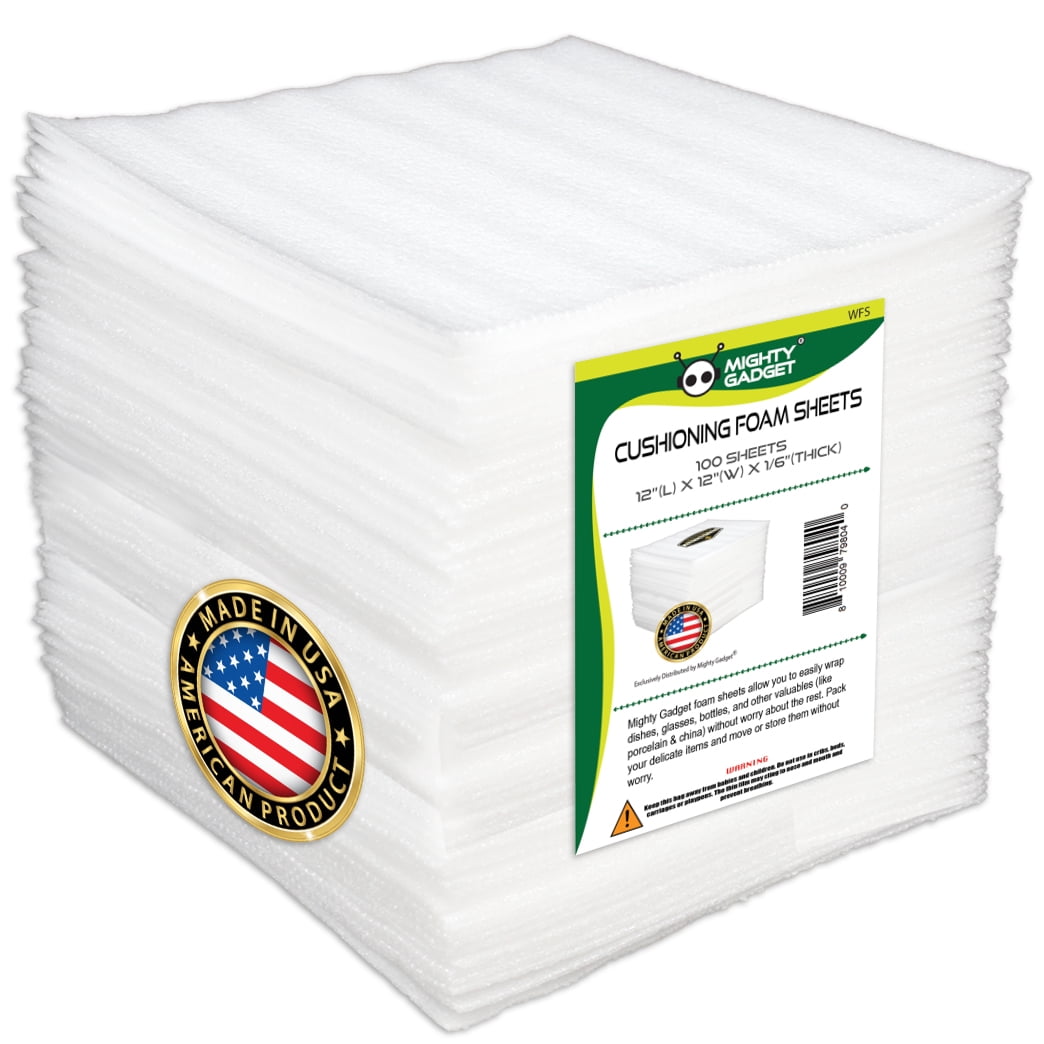 100 Pack Mighty Gadget Brand Cushioning Foam Sheets 12' (L) X 12' (W), 1/16' Thickness