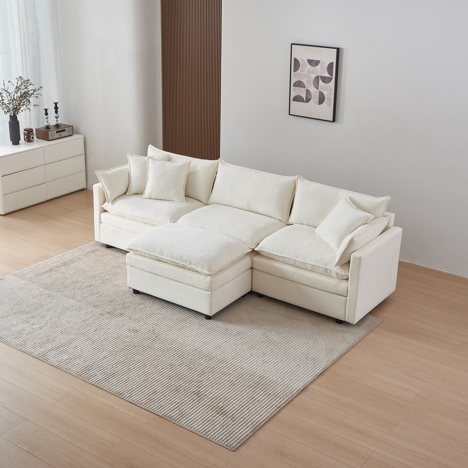 Gewnee L-Shaped Chenille Sectional Sofa Cloud Couch with Ottoman, Reversible Sofa for Living Rooms