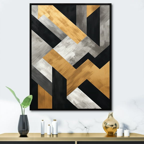 Designart "Geometric Tiles in Black and Gold V" Abstract Framed Wall Art - Modern Gold Abstract Geometric Living Room Framed Canvas Art