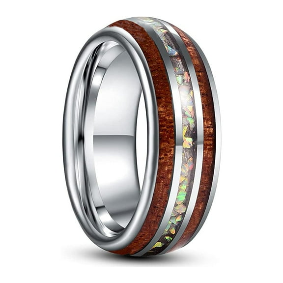 NUNCAD Men's Tungsten Ring Grooved Comfort Fit 8MM Wedding Band Inlaid with Hawaiian Koa Wood and Crushed Opal Domed Sizes 7-12
