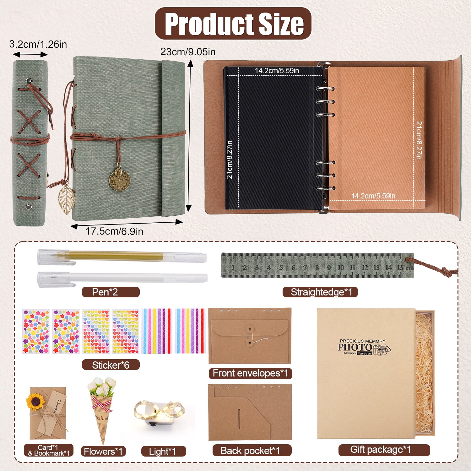 TJT 104 Pages Scrapbook Album, Self Adhesive Photo Album DIY Photo Book, Leather Memory Book for Wedding Baby Family Travel Birthday Christmas Green