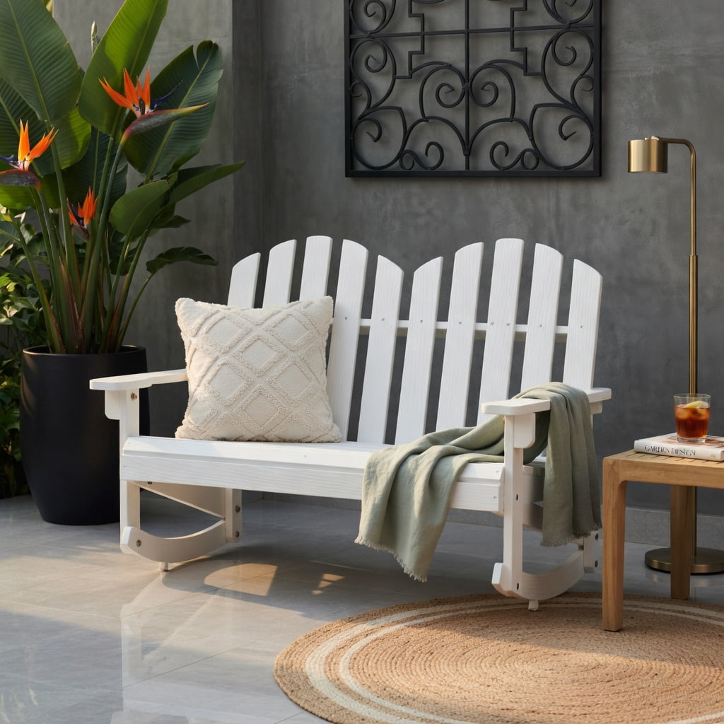 Hommoo 2-Person Fir Wood Adirondack Rocking Chair for Outdoor Backyard, Poolside & Patio, Weather-Resistant, Slatted Breathable Seat, White