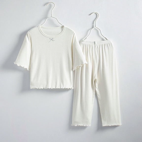 Girls' Spring And Summer Solid Color Ice Silk Home Clothes Set Ice Silk Long Pants Round Neck Long Sleeve Long Pants Set Home Clothes Sizes 0-14