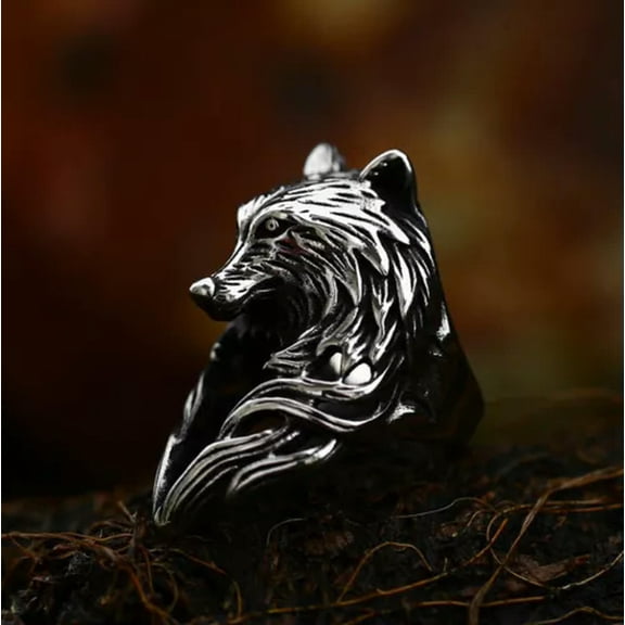 HOOUN Vintage Loyal Wolf Watcher Ring Stainless Steel Viking Direwolf Biker Punk Ring-8