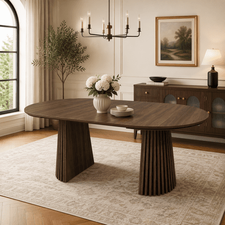 Walnut-colored wooden Dining Table Flexible and Extendable Modern Style Table Space-saving Fashionable Oval Design and Slatted Table Legs.suitable for living room dining room and Home Kitchen