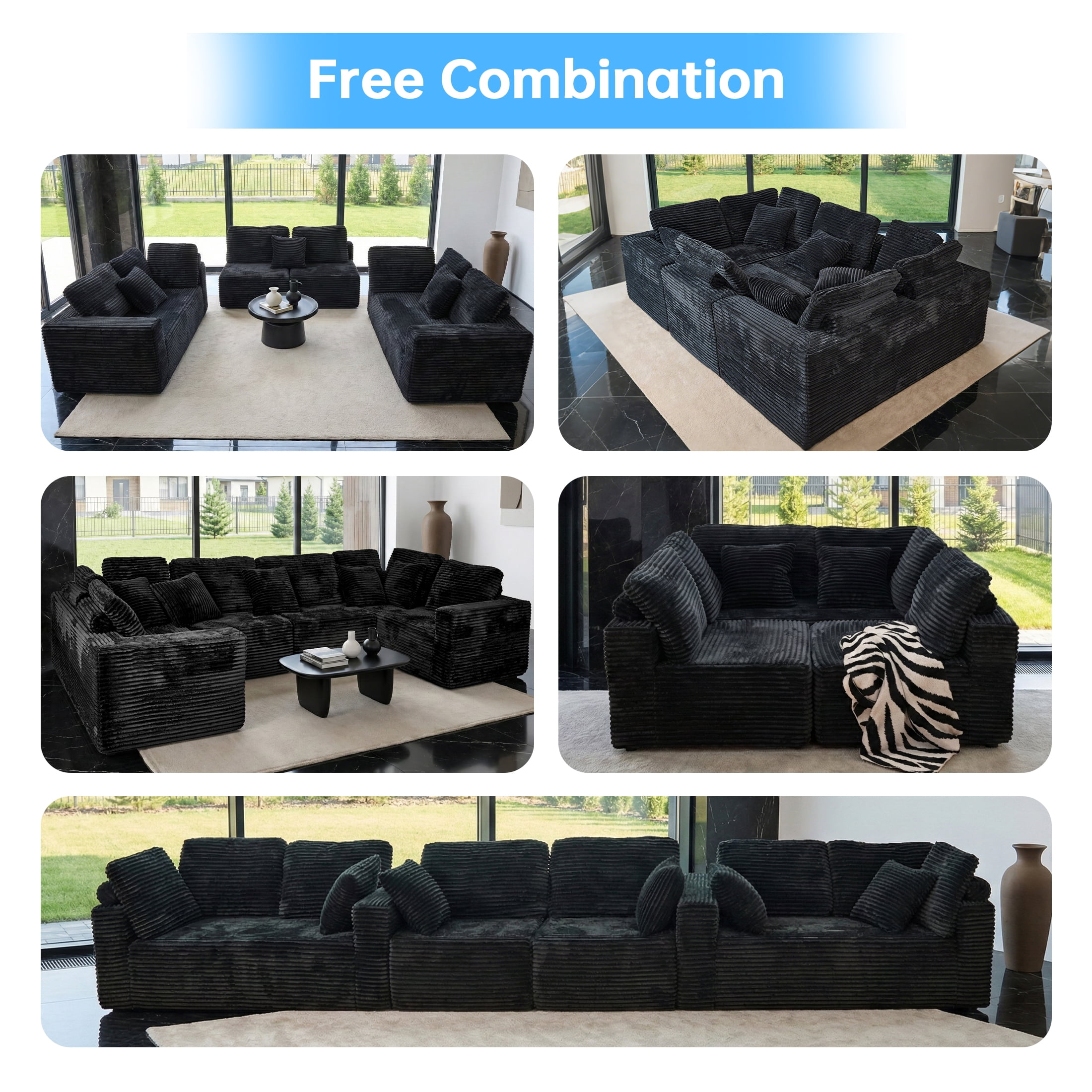 SEENYOO 135.5" Cloud Couch,Boneless Sectional Sofa for Living Room,Black U Shaped Couch with Chaise,6-Seater,Corduroy Fabric,Freely Configurable Layout