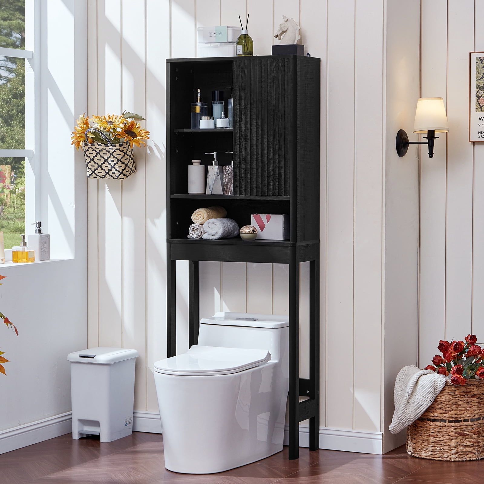 LELELINKY Over The Toilet Storage Cabinet with Rattan Sliding Door, 68" Tall Wood Bathroom Organizer with Adjustable Shelf for Small Spaces, Black