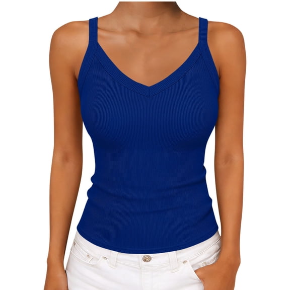 Aursykel Women Slim Ribbed Tank Top Summer Soft V Neck Spaghetti Strap Camisole Trendy Sleeveless Basic Shirt