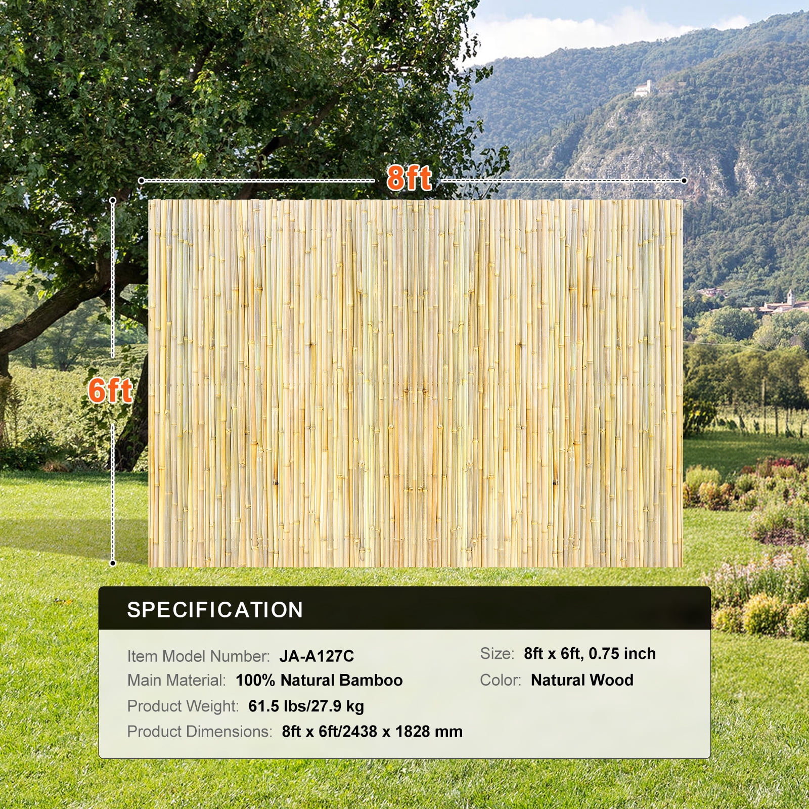 KFFKFF Bamboo Barrier, Sustainable Privacy Fence 6ft x 8ft x 0.75in, Bamboo Panel for Garden, Backyard, Balcony, Patio, Poolside Decorative Screen