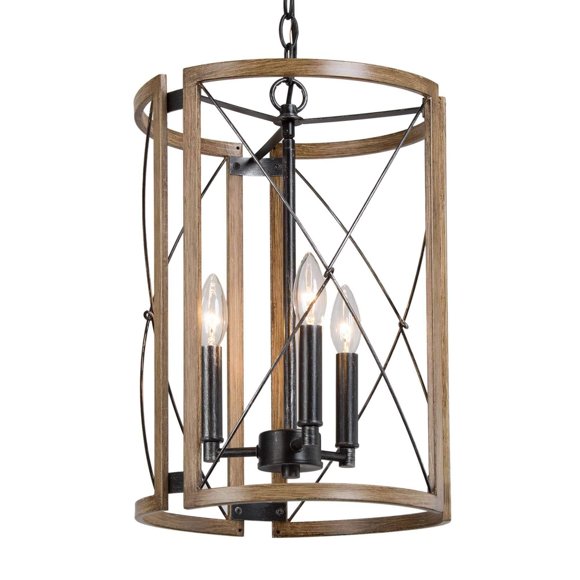 LNC Martin 3-Light Brushed Silver and Brown Wood Grain Cage Modern Farmhouse Cylinder LED Kitchen Island Light, Foyer Pendant Lighting, 12"Dx18"H,ABBMJUWM1409337|Walmart Canada
