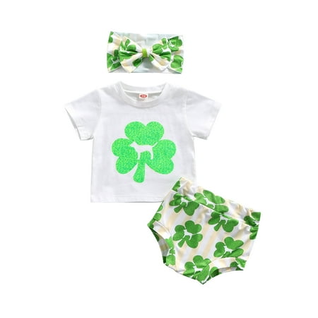 

Sunisery Kids Baby Girls St Patrick s Day Clothes Clover Print Short Sleeves T-Shirt Four-Leaf Strip Shorts Headband Green White 6-12 Months