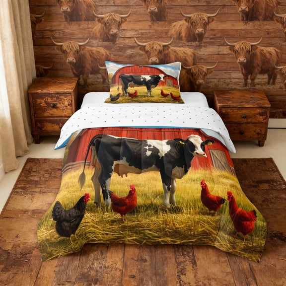 Erosebridal Farmhouse Rooster Cow Twin Comforter Sets, Red Farmhouse Bedding Set