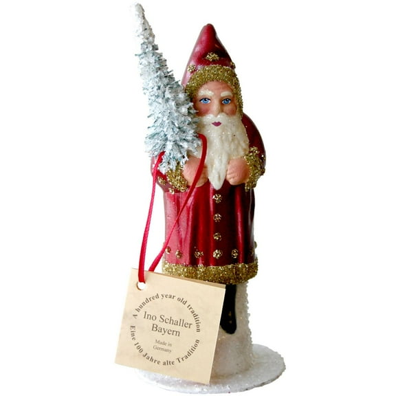 7" Vibrant Unique Santa with Red Coat and Snowy Tree Schaller Paper Mache Candy Container
