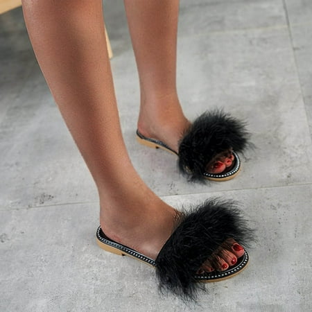 

HIBRO Women s Fashion Suede Plush Crystal Casual Flat Comfortable Sandals And Slippers