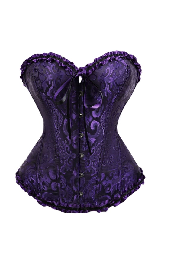 Womens Floral Jacquard Corset Top Light Blue Lace-Up Bustier with Ruffled Trim Vintage Waist Trainer