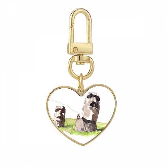 Moai Statues In Easter Island Gold Heart Keychain Metal Keyring Holder