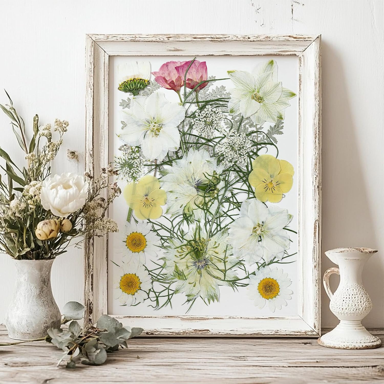 86Pcs Dried Flowers for Crafts, Real Pressed Flowers for Crafts Dried Pressed Flowers Dry Leaves in White, Pink & Yellow Tones for Resin, DIY Art, Scrapbook, Jewelry, Candle & Soap Making with Tweeze