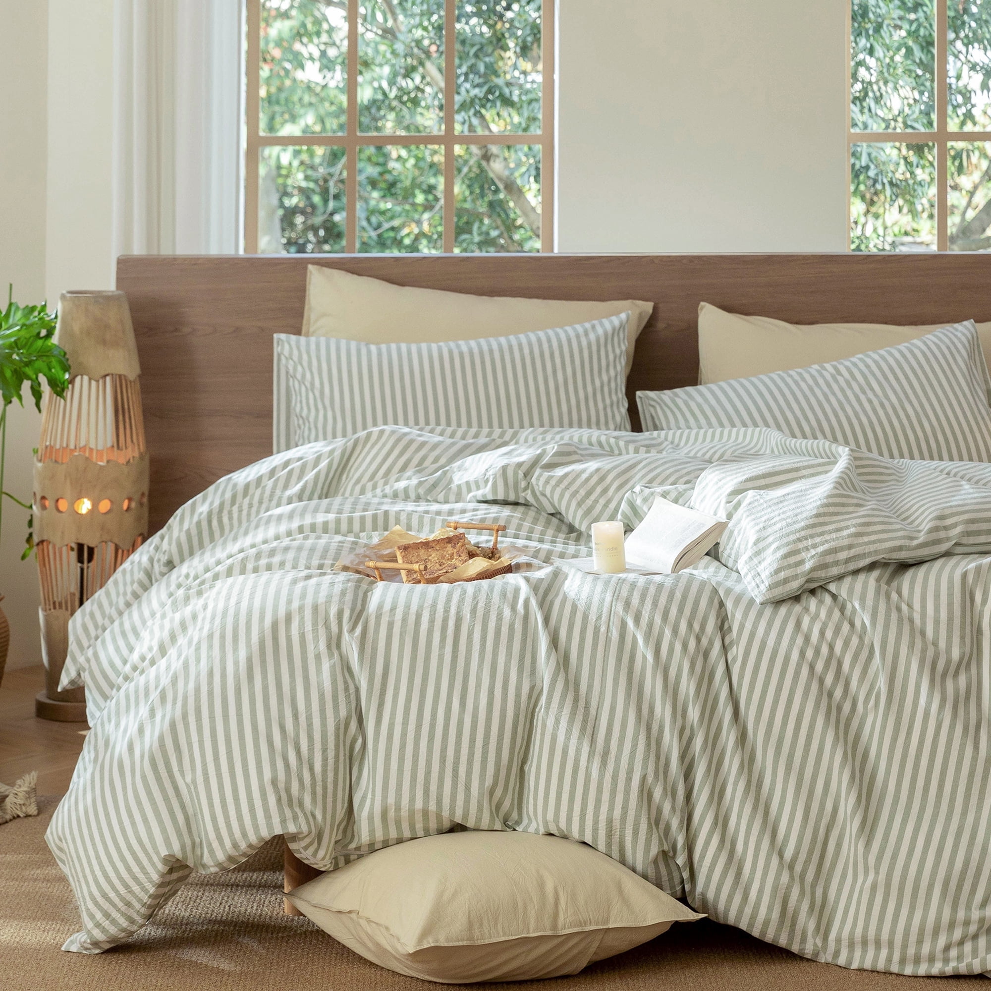 MooMee Striped Duvet Cover Set Queen 100% Washed Cotton Linen Like Textured Breathable 3-Piece (Sage Green& White Classic Stripes)