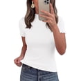 thumbnail image 4 of PRETTYGARDEN Short Sleeve T Shirts for Women Summer Clothes Casual Spring Tops Ruffle Mock Neck Ribbed Fitted Basic Tees, 4 of 9
