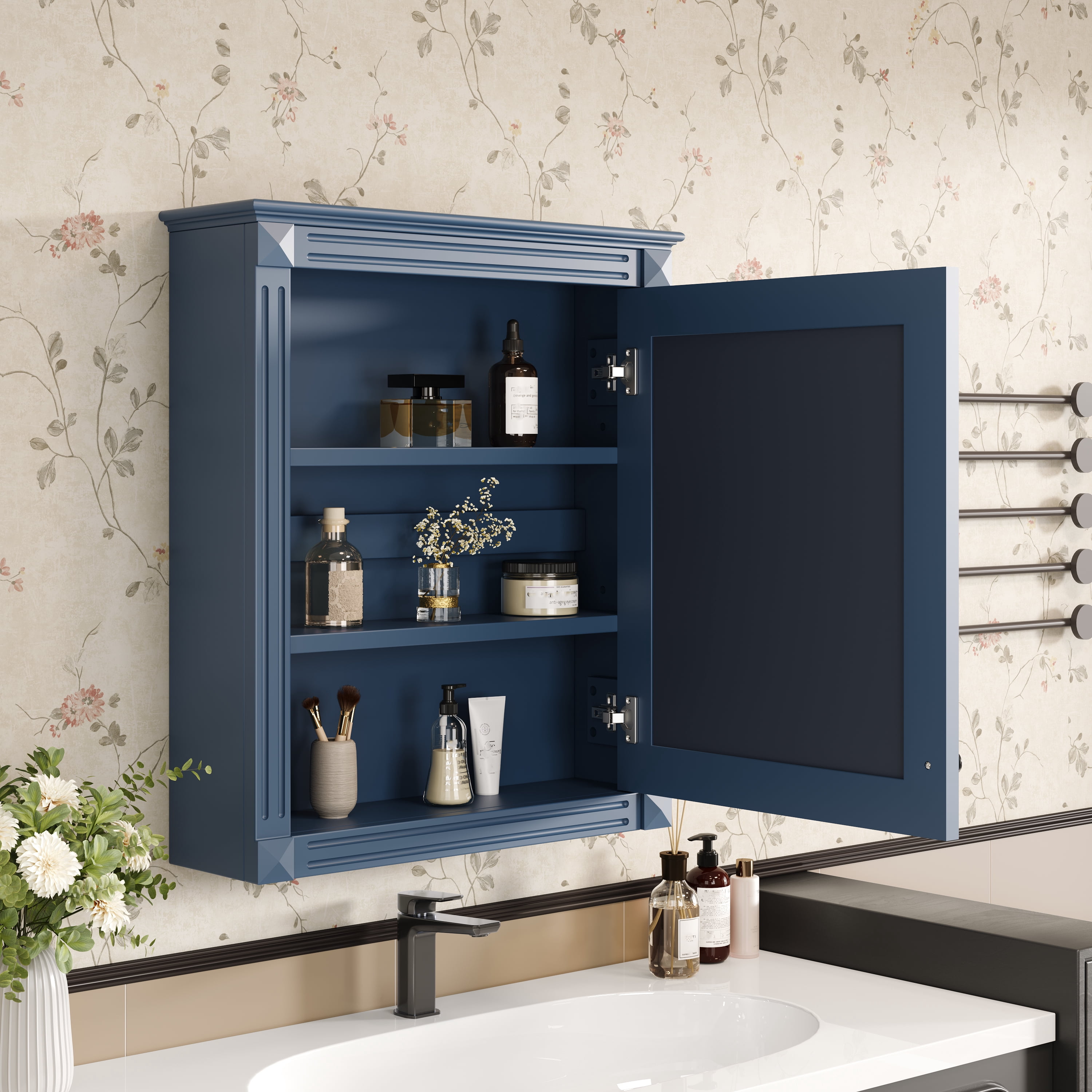 Euroco 24'' x 27'' Wall Mounted Bathroom Storage Cabinet with Mirror, Medicine Cabinet with Height Adjustable Shelf, Over the Toilet Space Saver Cabinet