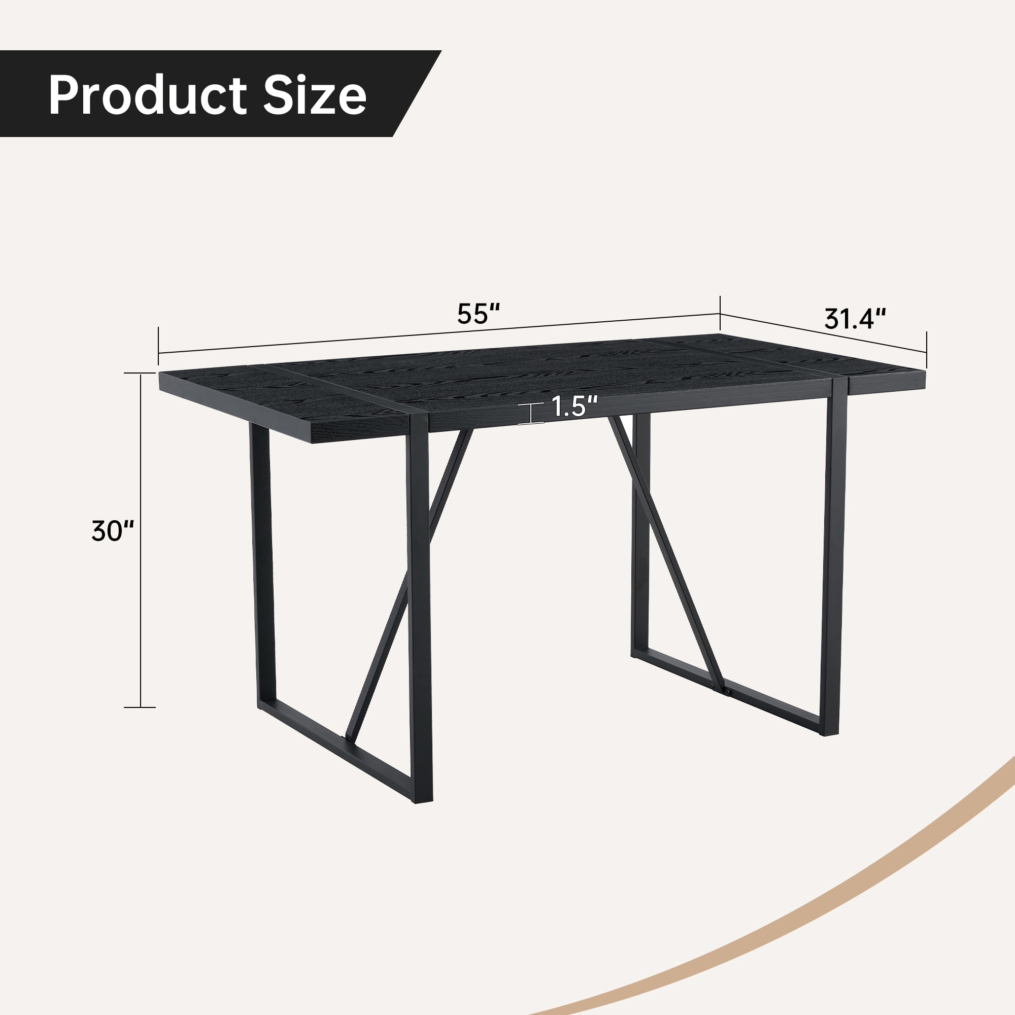 Mintazer 55 Inch Modern Black Wood Grain Rectangular Dining Table with Sturdy Metal Frame, Minimalist Kitchen Table for 4-6 People, Black