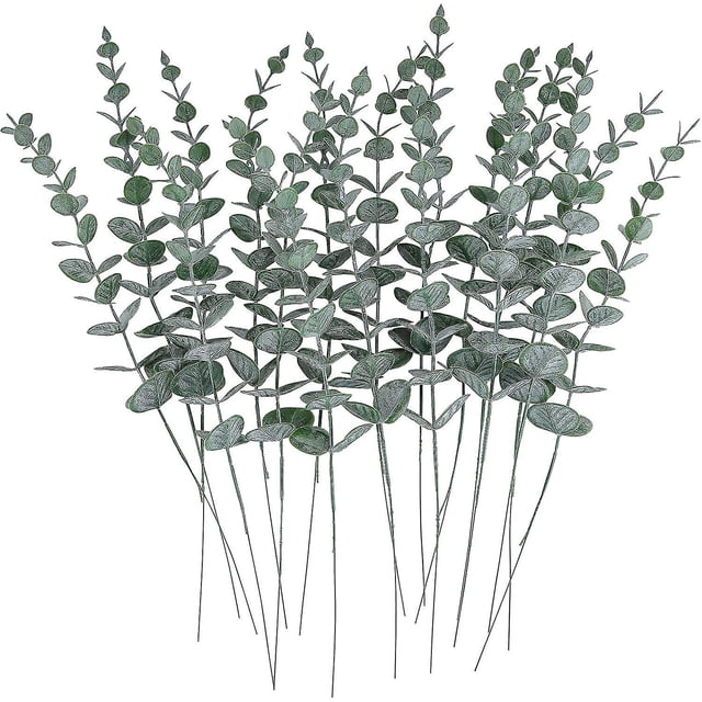 24 piezas de tallos de hojas de eucalipto artificiales, ramas de tacto verde gris real para centro de mesa de oficina en casa, decoración de arreglos florales para banquetes de boda