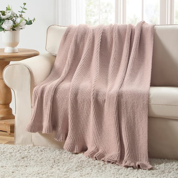 My Texas House Pink 60 in x 70 in Rib Knit Ruffle Throw Blanket