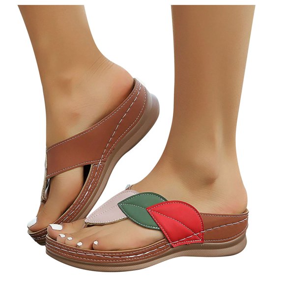 Women's Wedge Flip Flops Color Block Leaf Design Orthopedic Walking Slides Beach Casual Dress Slipper Sandals