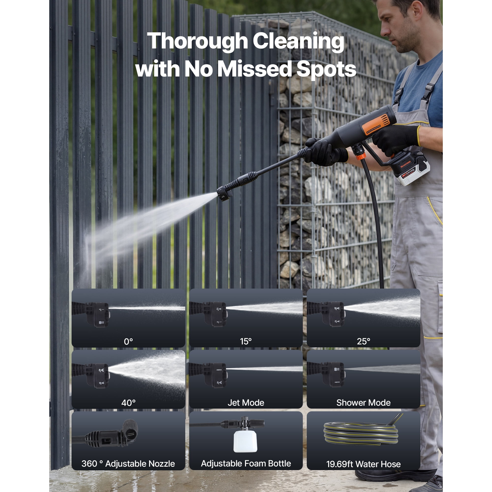 KFFKFF Cordless Pressure Washer, 1200 PSI MAX Portable Cleaner with Brushless Motor, Multi-Function Nozzle & Water Hose, Adjustable Speeds, Battery Operated Handheld Washer for Outdoor Cleaning
