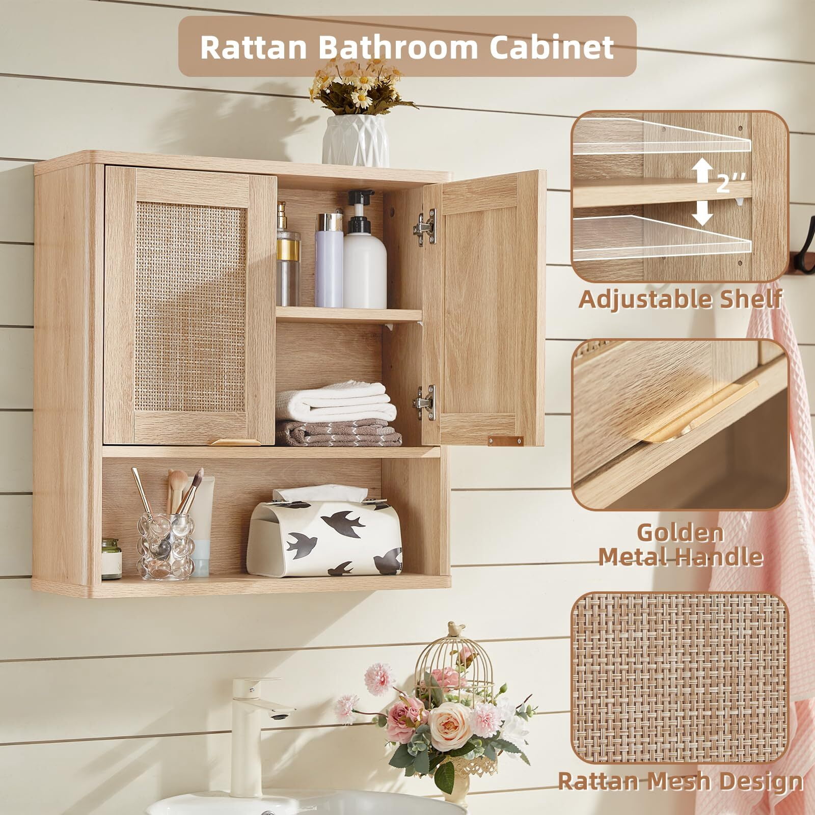 LELELINKY Rattan Wood Bathroom Wall Cabinet with Adjustable Shelf, Boho Medicine Cabinet for over Toilet Storage, Laundry Room, Natural