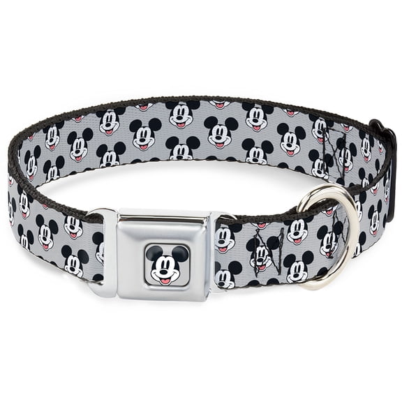 Disney Pet Collar, Dog Collar Metal Seatbelt Buckle, Mickey Mouse Smiling Face Monogram Gray, 9.5 to 13 Inches 1.0 Inch Wide