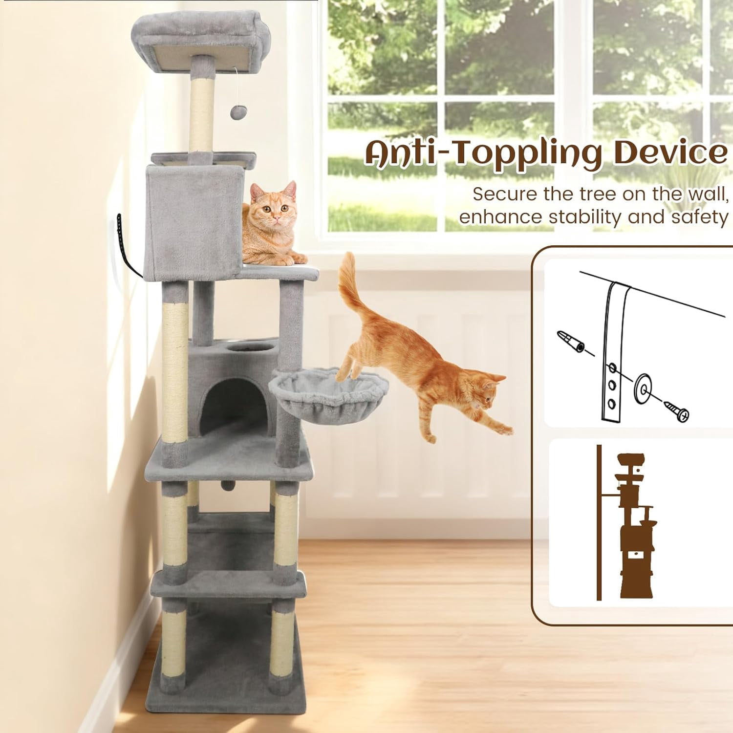 LEHOME 80 Inch Tall Cat Tree, Multi-Level Cat Tower with Sisal Scratching Posts, 2 Condos, Plush Perch, Hammock, Basket, Dangling Toys, Cat Climbing Furniture for Indoor Cats (Light Gray)