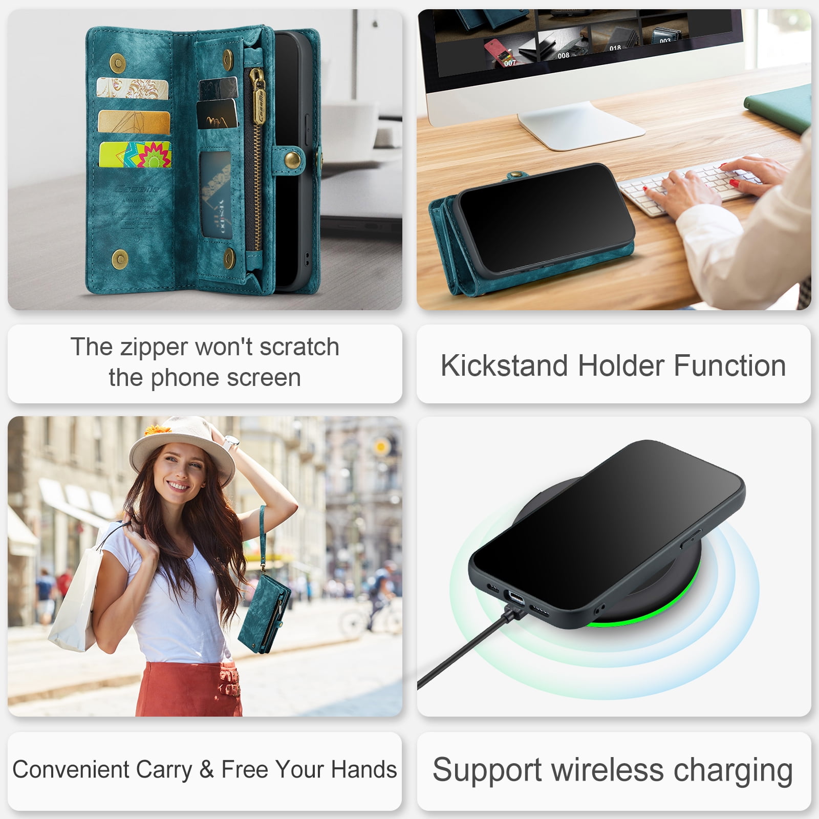 for iPhone 16 Premium PU Leather Folding Case, Multiple Card Slots Design, Wrist Strap Zipper Pocket Kickstand Magnetic Snap, Wireless Charging for iPhone 16, Green