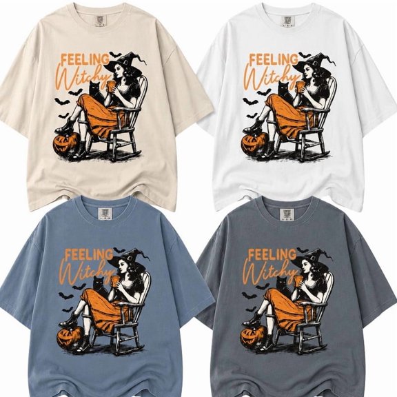 Feeling Witchy Halloween Shirt, Retro Witch Black Cat Coffee Graphic Tee, Vintage Fall Spooky Season Gift for Women, Unisex