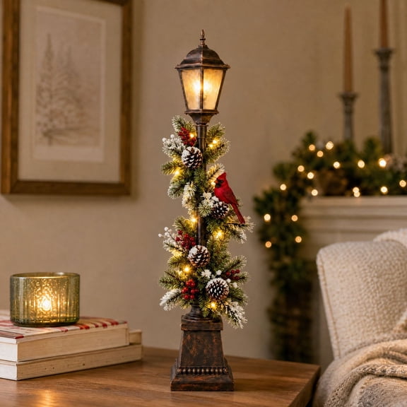 Vintage Christmas Street Lamp Tabletop Decoration with Red Cardinal & Snowy Branches, Lighted Resin Ornament with Warm LED for Holiday Home Decor