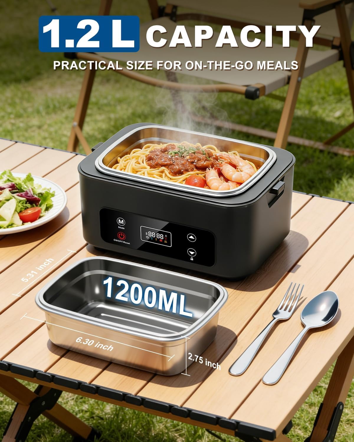 Cordless Electric Lunch Box, 5.1 Cups Heated Lunch Box Battery Powered with Automatic Scheduled Heating for Office, Picnic, Car & Outdoor Use