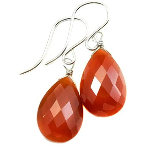 Sterling Silver Carnelian Earrings Orange Chalcedony Faceted Pear Teardrops Burnt Orange Daily Dangles Designed for Adult Women