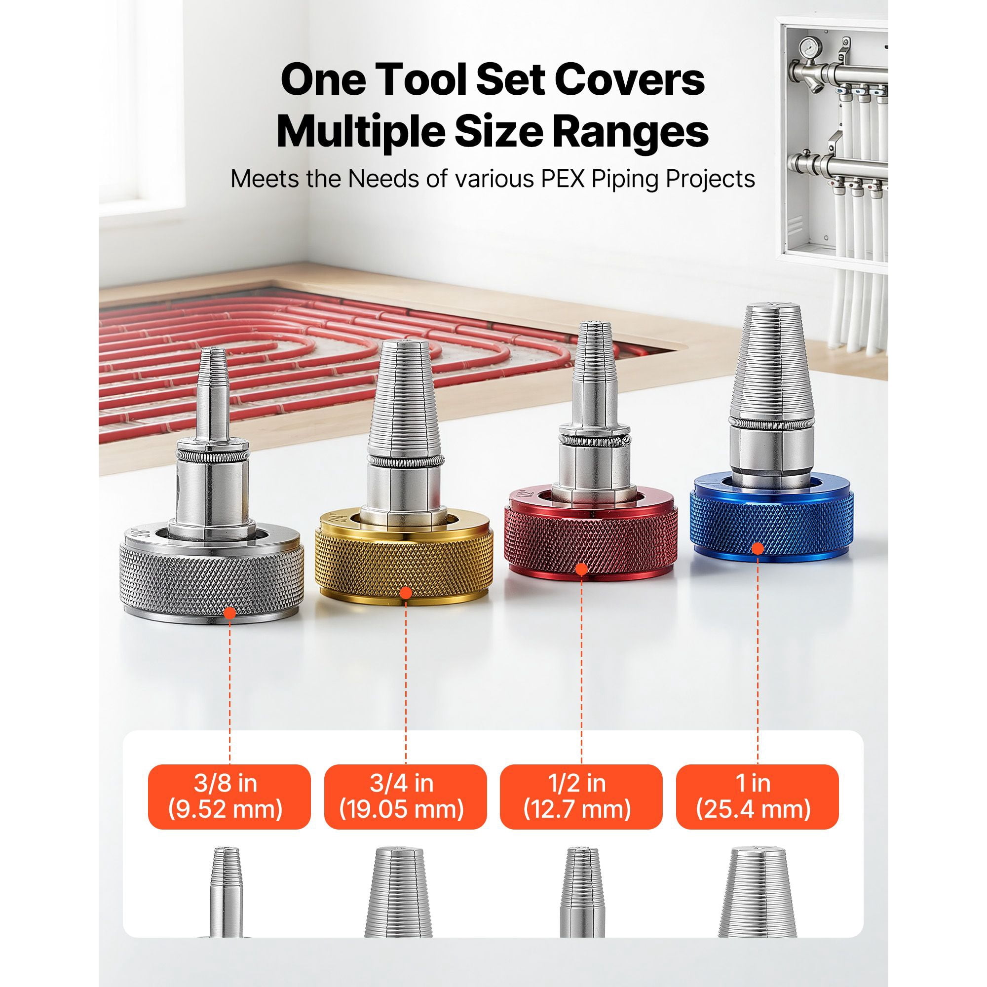 PEX Pipe Expander Tool Kit with 4 Expansion Heads, Cutter, Lubricant, for 3/8" to 1" PEX Tubing